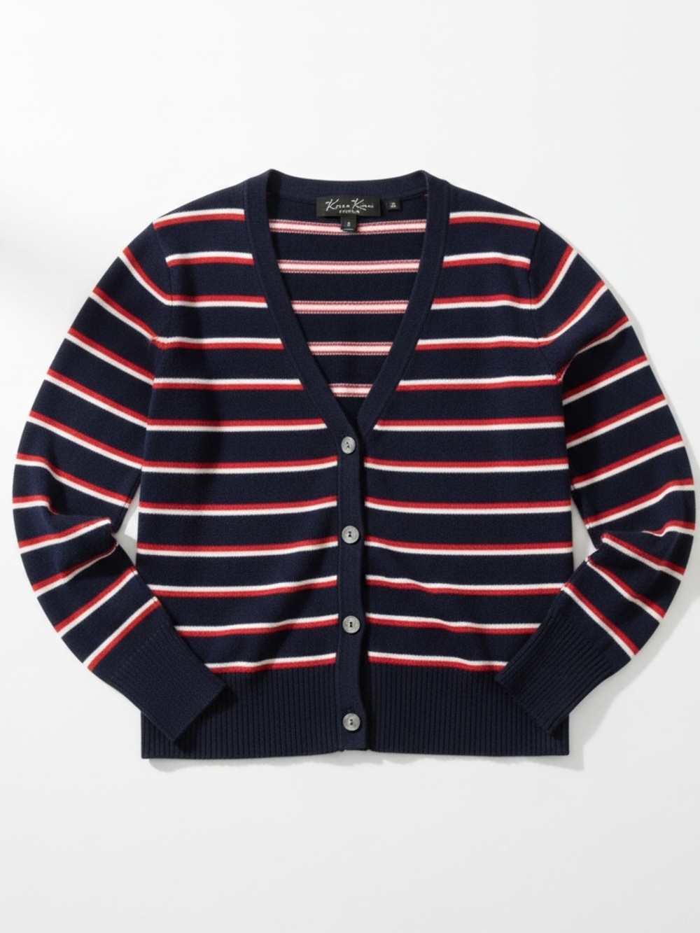 Karen Kane Navy Collegiate Cardigan with Red and White Stripes